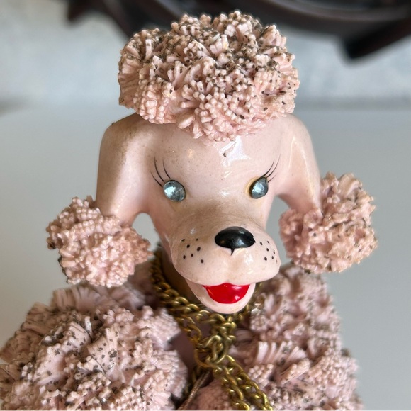 Vintage Pink Poodle Chained Puppy Spaghetti Trim Porcelain Figurines MCM Kitschy - Picture 3 of 15